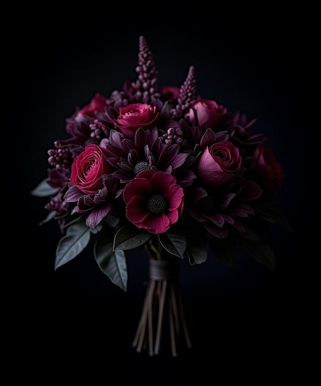 Mörk och dramatisk bukett med unika blommor.
